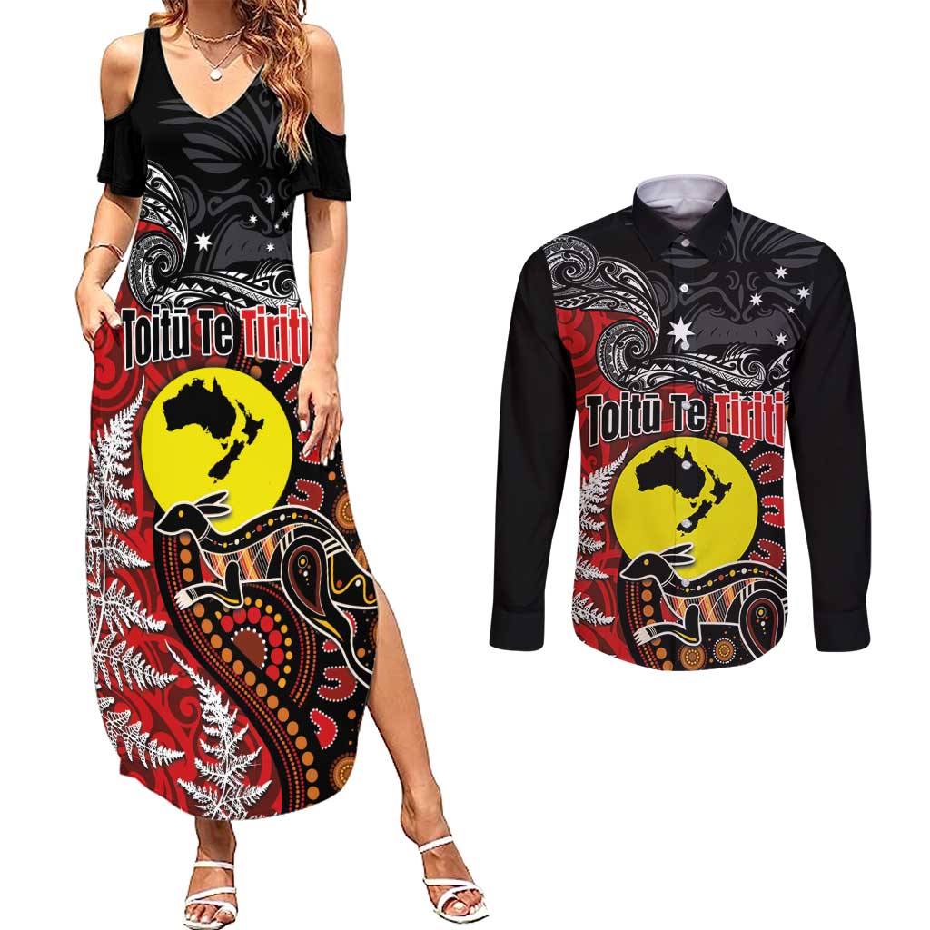 Aotearoa and Australia Toitu Te Tiriti Couples Matching Summer Maxi Dress and Long Sleeve Button Shirt Honour the Treaty - Te Tiriti Is Us