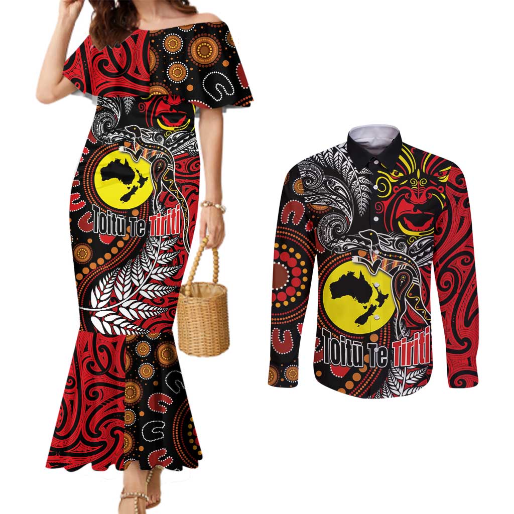 Aotearoa and Australia Toitu Te Tiriti Couples Matching Mermaid Dress and Long Sleeve Button Shirt Honour the Treaty - Stand Together Stand Stronger