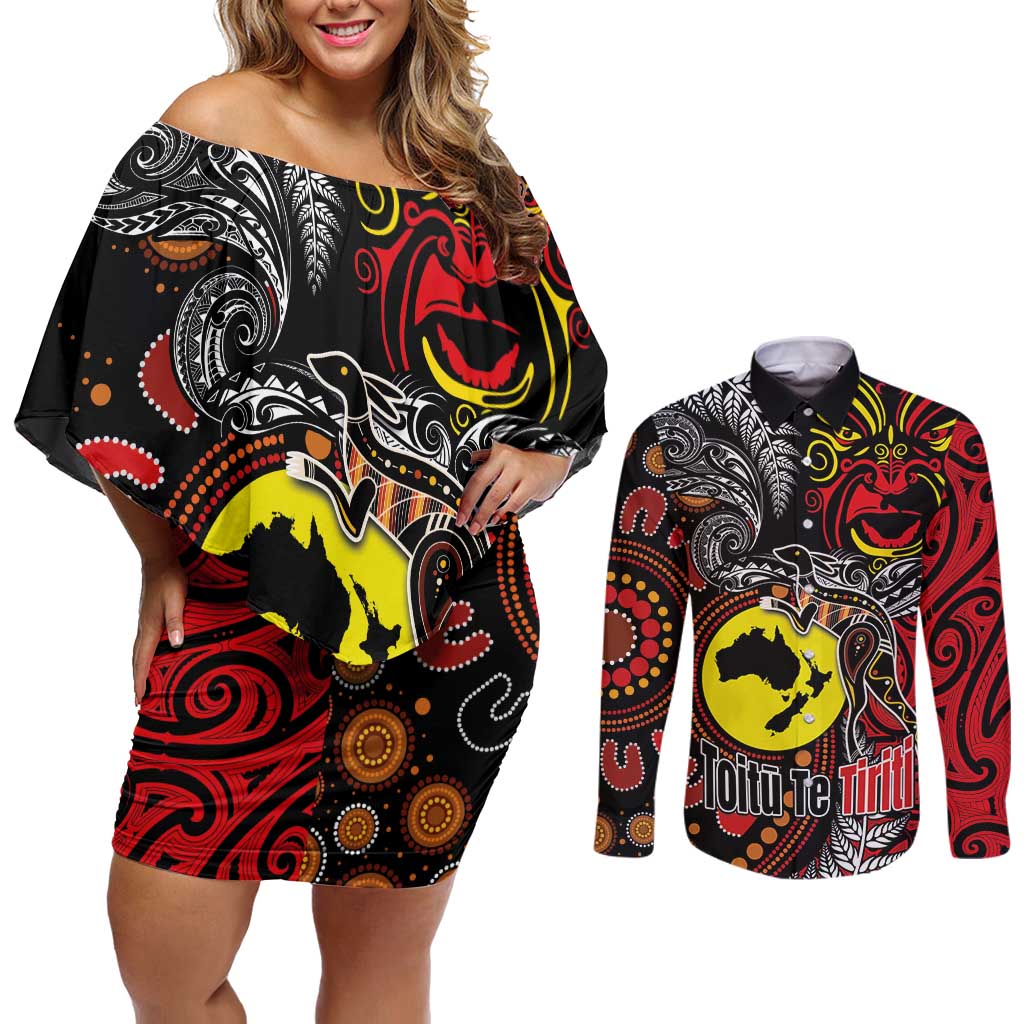 Aotearoa and Australia Toitu Te Tiriti Couples Matching Off Shoulder Short Dress and Long Sleeve Button Shirt Honour the Treaty - Stand Together Stand Stronger