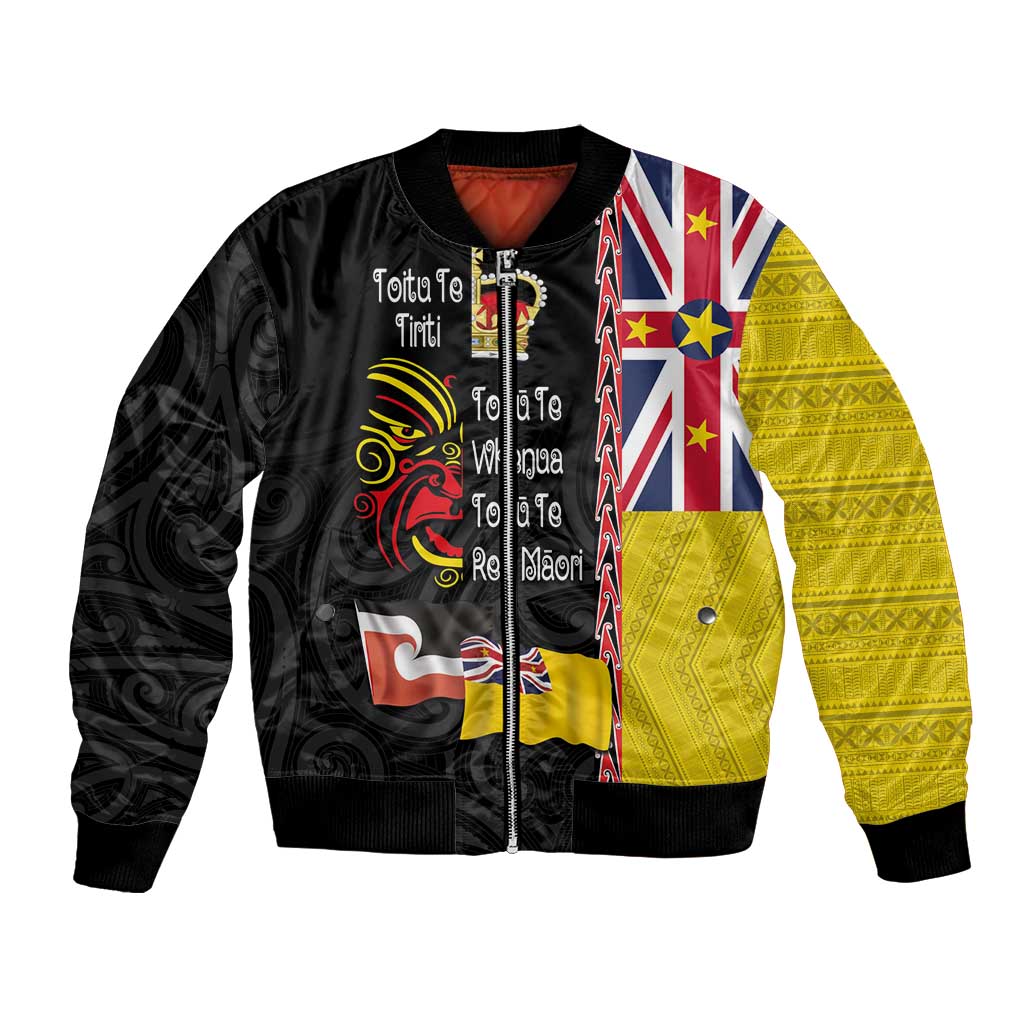 Aotearoa and Niue Toitu Te Tiriti Bomber Jacket Honour the Treaty - Fight Together Stand Together LT03 Unisex Black - Polynesian Pride