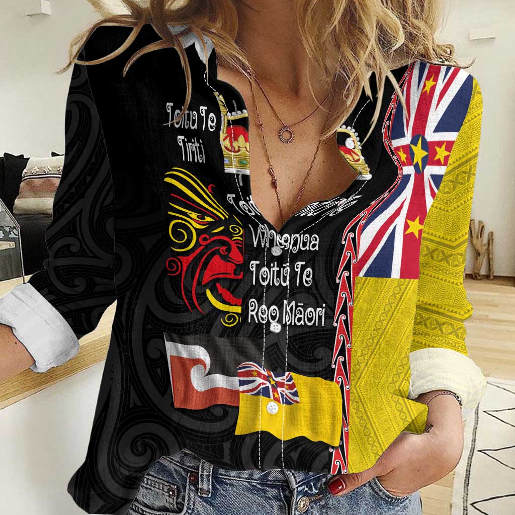 Aotearoa and Niue Toitu Te Tiriti Women Casual Shirt Honour the Treaty - Fight Together Stand Together LT03 Female Black - Polynesian Pride