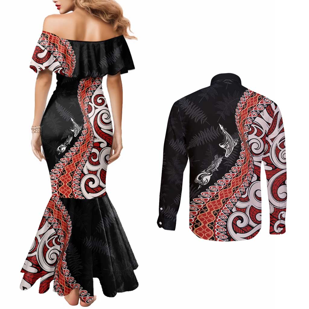 Aotearoa Maori Stylized Koru - Silver Ferns Couples Matching Mermaid Dress and Long Sleeve Button Shirt