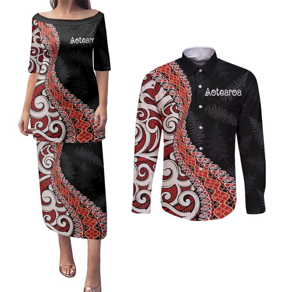 Aotearoa Maori Stylized Koru - Silver Ferns Couples Matching Puletasi and Long Sleeve Button Shirt