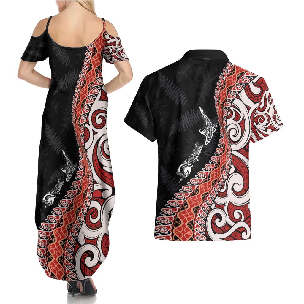 Aotearoa Maori Stylized Koru - Silver Ferns Couples Matching Summer Maxi Dress and Hawaiian Shirt LT03 - Polynesian Pride