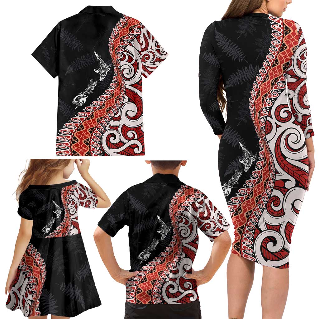 Aotearoa Maori Stylized Koru - Silver Ferns Family Matching Long Sleeve Bodycon Dress and Hawaiian Shirt