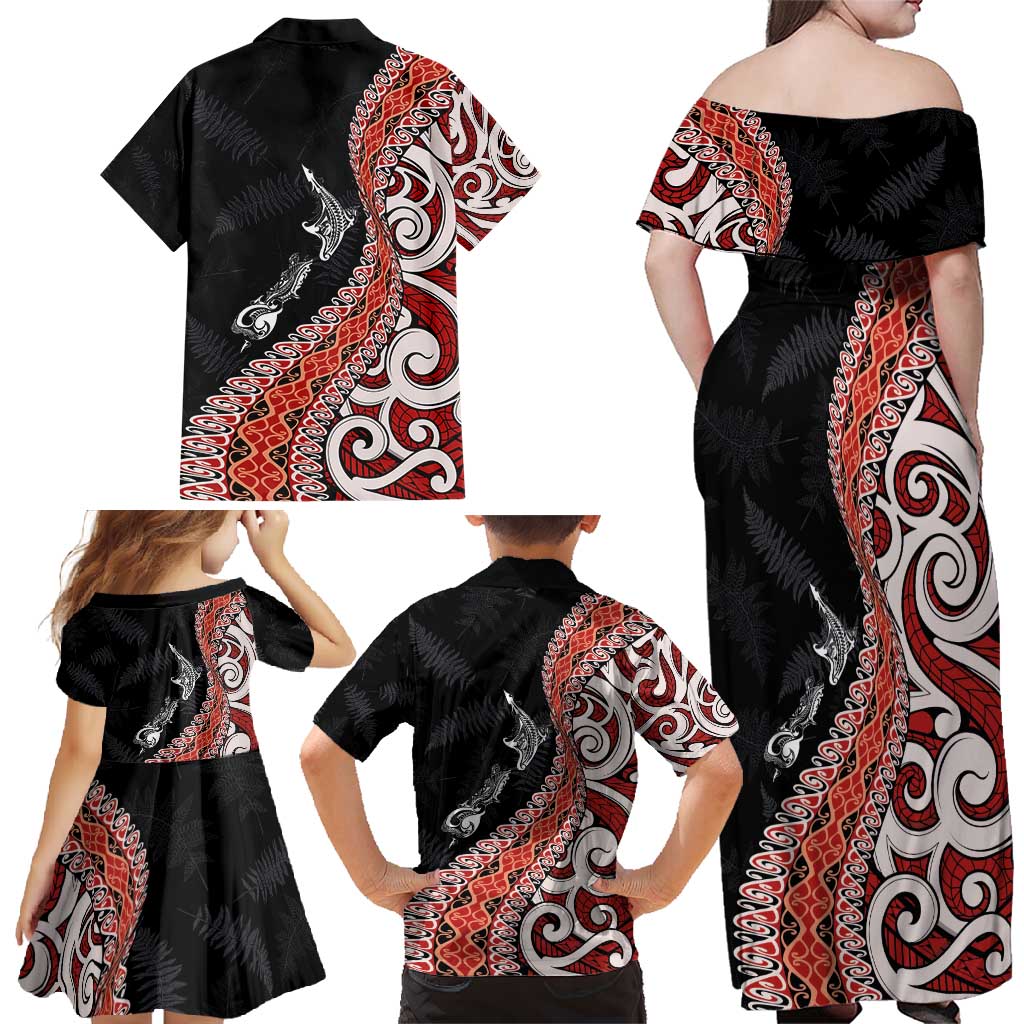 Aotearoa Maori Stylized Koru - Silver Ferns Family Matching Off Shoulder Maxi Dress and Hawaiian Shirt