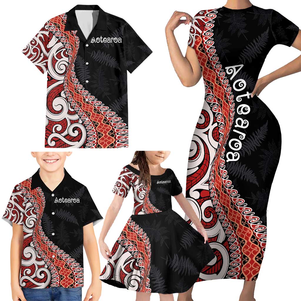 Aotearoa Maori Stylized Koru - Silver Ferns Family Matching Short Sleeve Bodycon Dress and Hawaiian Shirt