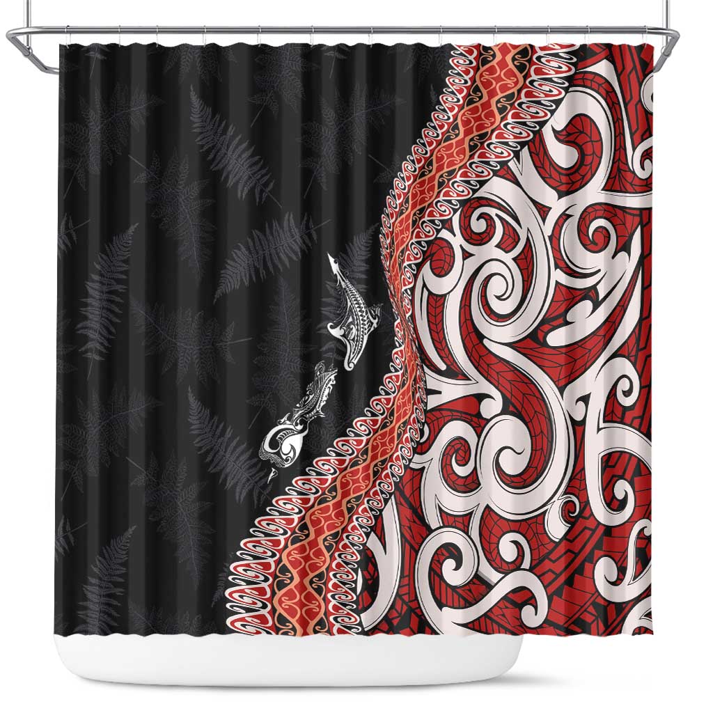 Aotearoa Maori Stylized Koru - Silver Ferns Shower Curtain LT03 Red - Polynesian Pride