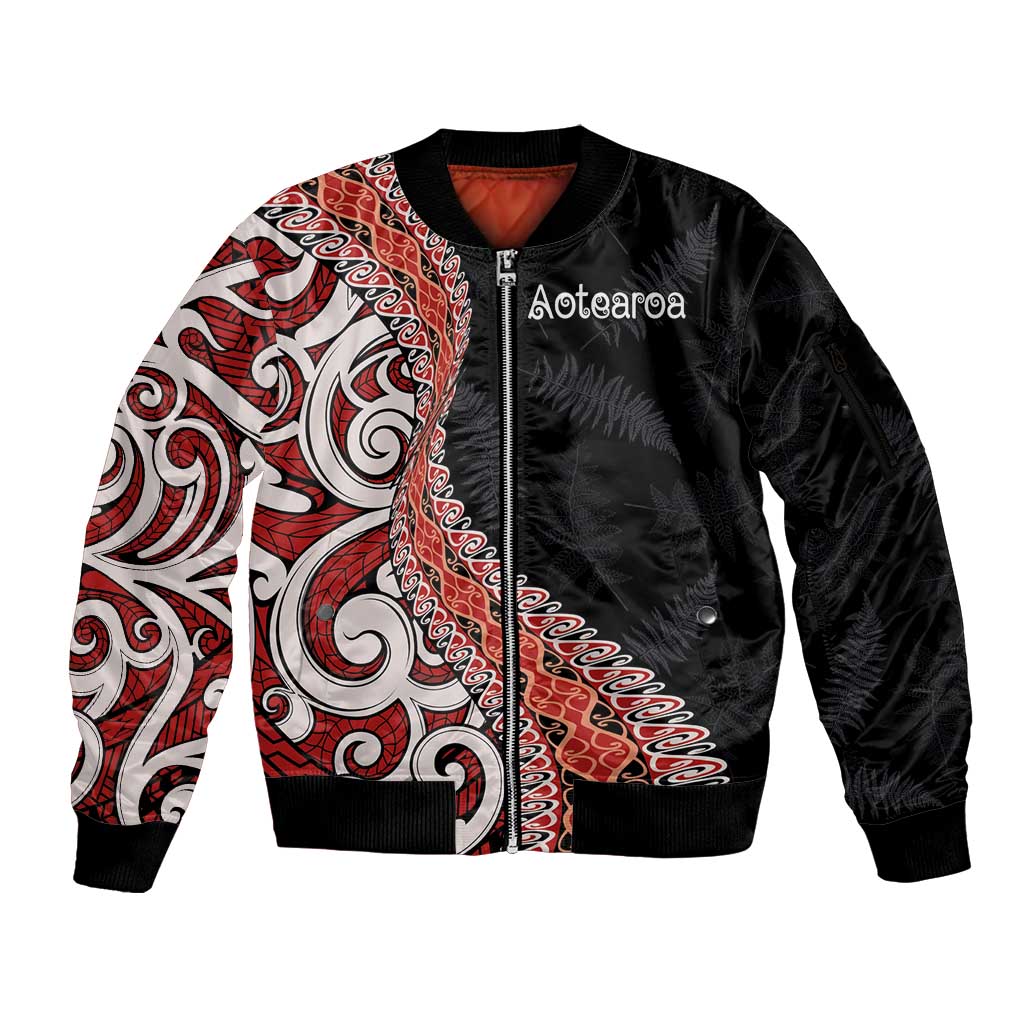 Aotearoa Maori Stylized Koru - Silver Ferns Sleeve Zip Bomber Jacket LT03 Unisex Red - Polynesian Pride