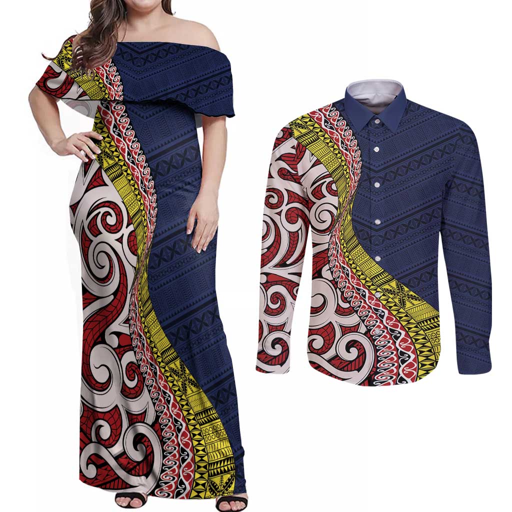 Aotearoa and Niue Couples Matching Off Shoulder Maxi Dress and Long Sleeve Button Shirt Hiapo Maori Stylized Koru LT03 Blue - Polynesian Pride