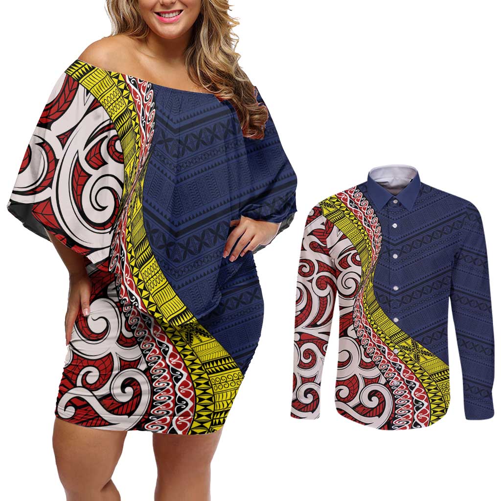Aotearoa and Niue Couples Matching Off Shoulder Short Dress and Long Sleeve Button Shirt Hiapo Maori Stylized Koru LT03 Blue - Polynesian Pride