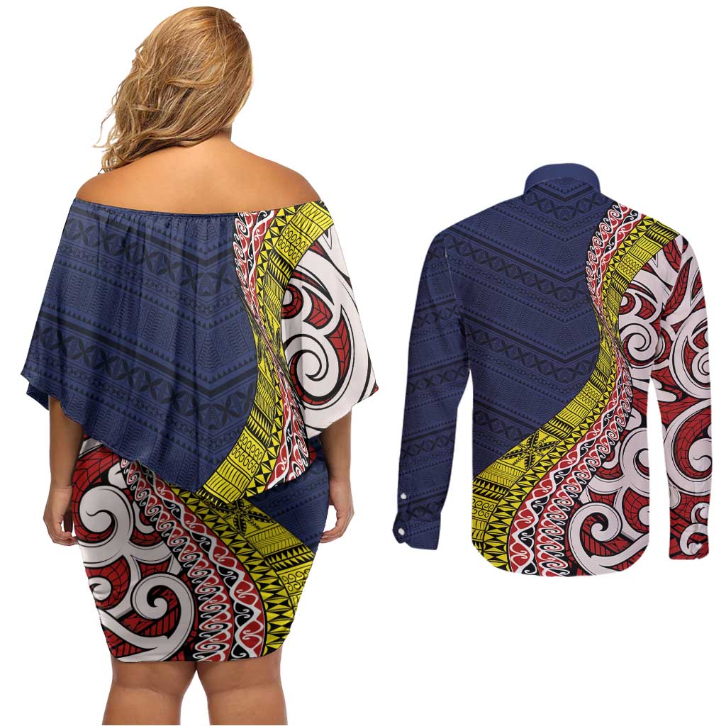 Aotearoa and Niue Couples Matching Off Shoulder Short Dress and Long Sleeve Button Shirt Hiapo Maori Stylized Koru