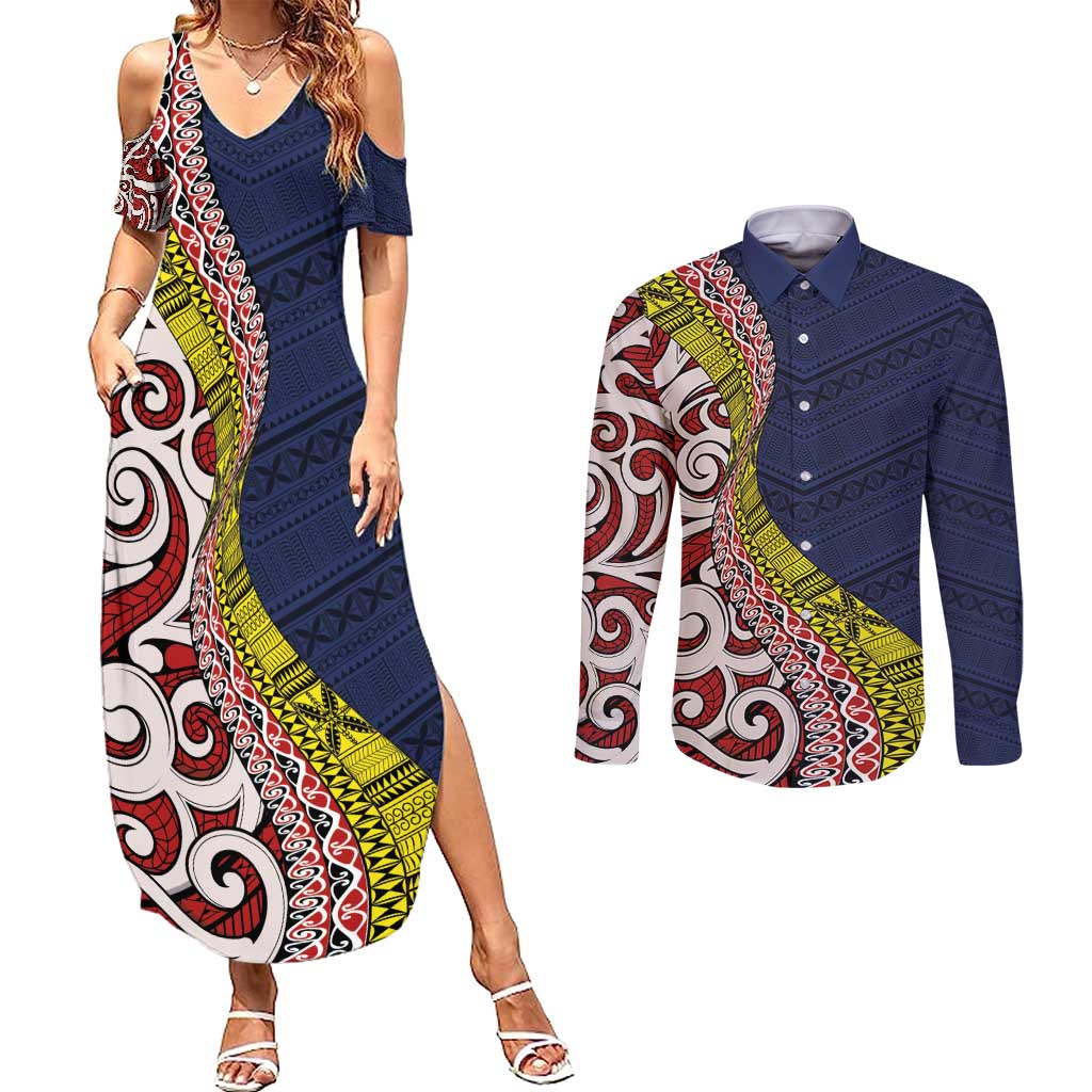 Aotearoa and Niue Couples Matching Summer Maxi Dress and Long Sleeve Button Shirt Hiapo Maori Stylized Koru LT03 Blue - Polynesian Pride