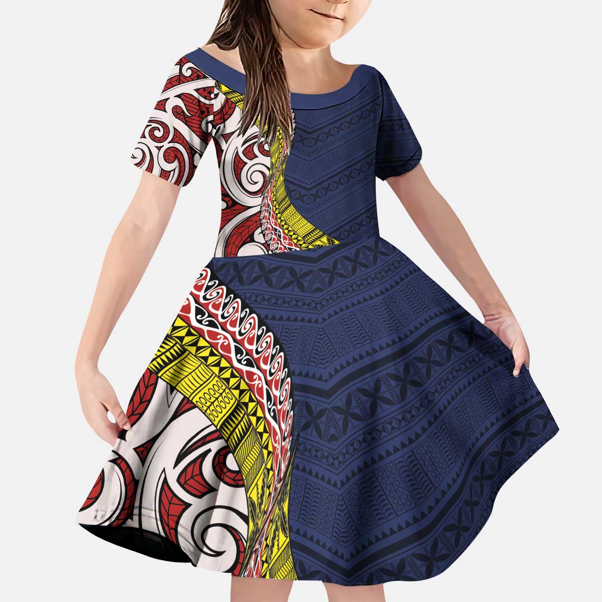 Aotearoa and Niue Kid Short Sleeve Dress Hiapo Maori Stylized Koru LT03 KID Blue - Polynesian Pride