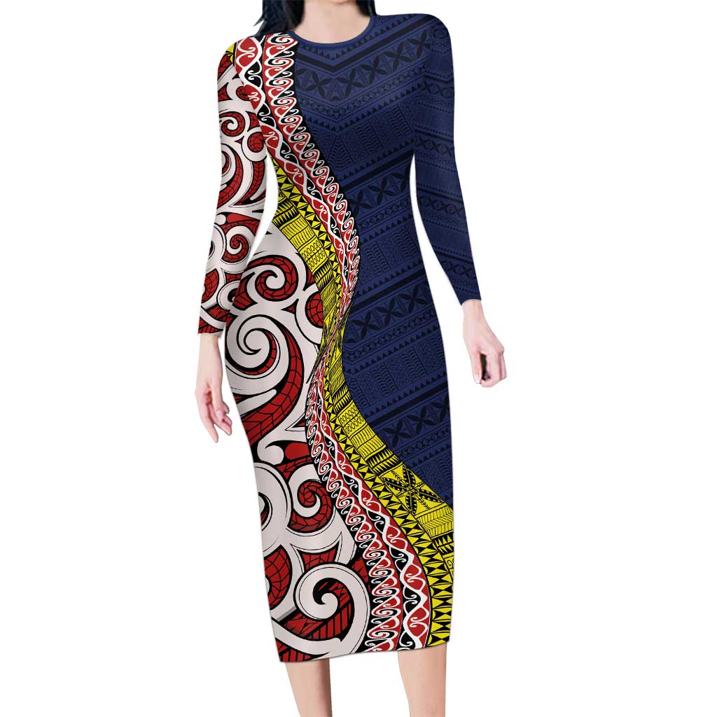 Aotearoa and Niue Long Sleeve Bodycon Dress Hiapo Maori Stylized Koru LT03 Long Dress Blue - Polynesian Pride