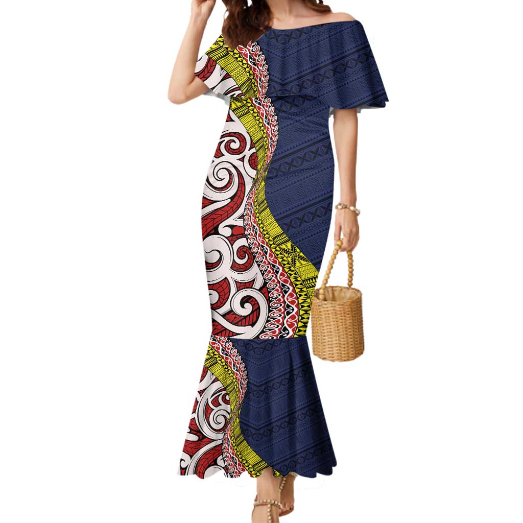 Aotearoa and Niue Mermaid Dress Hiapo Maori Stylized Koru LT03 Women Blue - Polynesian Pride