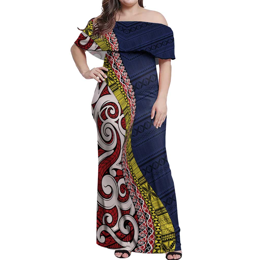 Aotearoa and Niue Off Shoulder Maxi Dress Hiapo Maori Stylized Koru LT03 Women Blue - Polynesian Pride