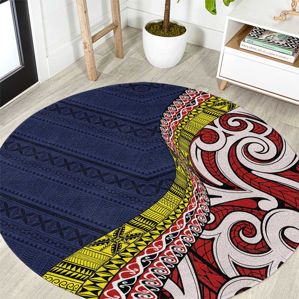 Aotearoa and Niue Round Carpet Hiapo Maori Stylized Koru LT03 Blue - Polynesian Pride