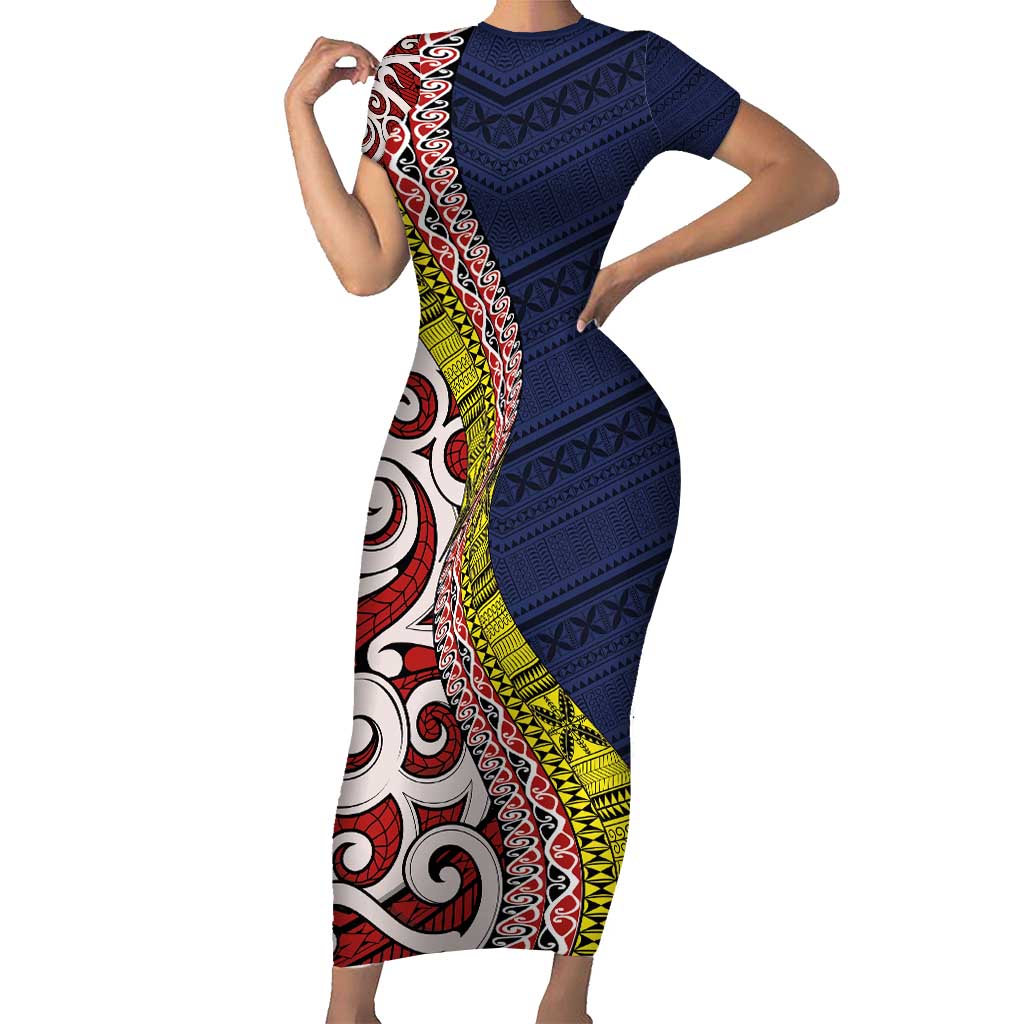 Aotearoa and Niue Short Sleeve Bodycon Dress Hiapo Maori Stylized Koru LT03 Long Dress Blue - Polynesian Pride