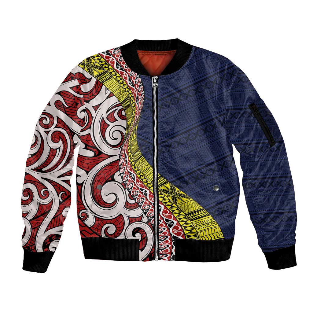 Aotearoa and Niue Sleeve Zip Bomber Jacket Hiapo Maori Stylized Koru LT03 Unisex Blue - Polynesian Pride