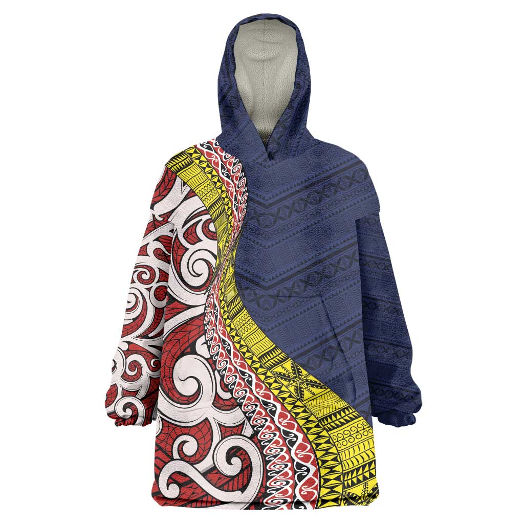 Aotearoa and Niue Wearable Blanket Hoodie Hiapo Maori Stylized Koru LT03 One Size Blue - Polynesian Pride