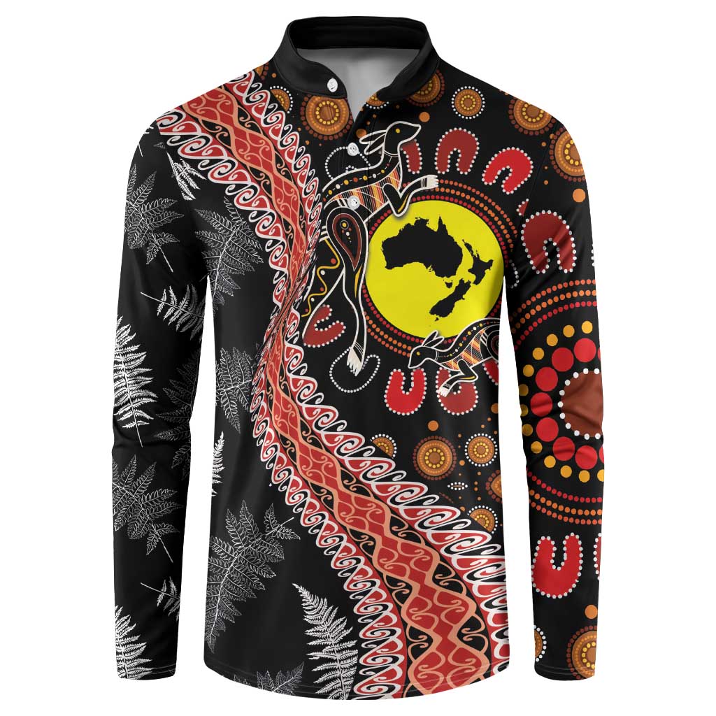 Aotearoa and Australia Button Sweatshirt Maori Koru Ferns With Aboriginal Kangaroo