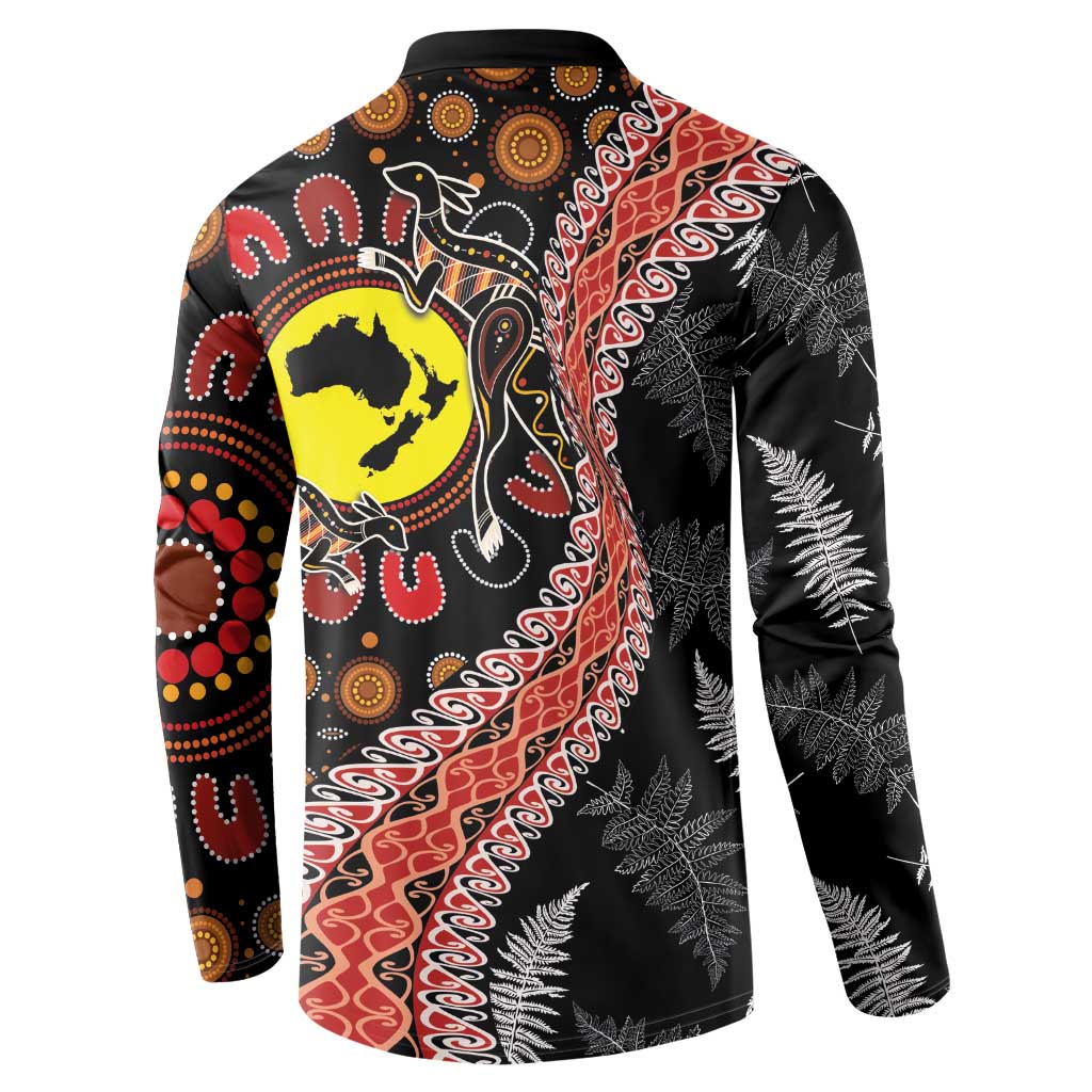 Aotearoa and Australia Button Sweatshirt Maori Koru Ferns With Aboriginal Kangaroo