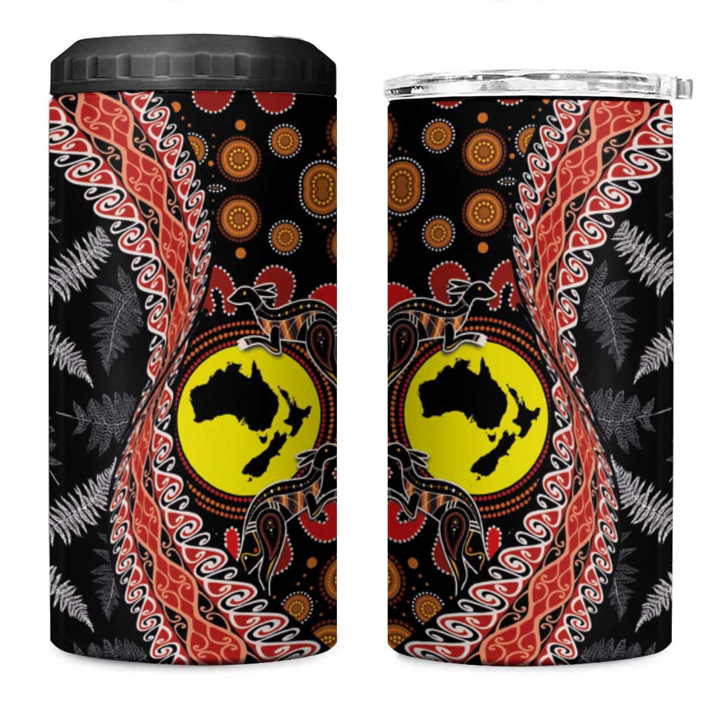 Aotearoa and Australia 4 in 1 Can Cooler Tumbler Maori Koru Ferns With Aboriginal Kangaroo LT03 One Size: 16 oz Black - Polynesian Pride