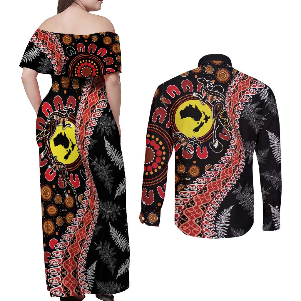 Aotearoa and Australia Couples Matching Off Shoulder Maxi Dress and Long Sleeve Button Shirt Maori Koru Ferns With Aboriginal Kangaroo