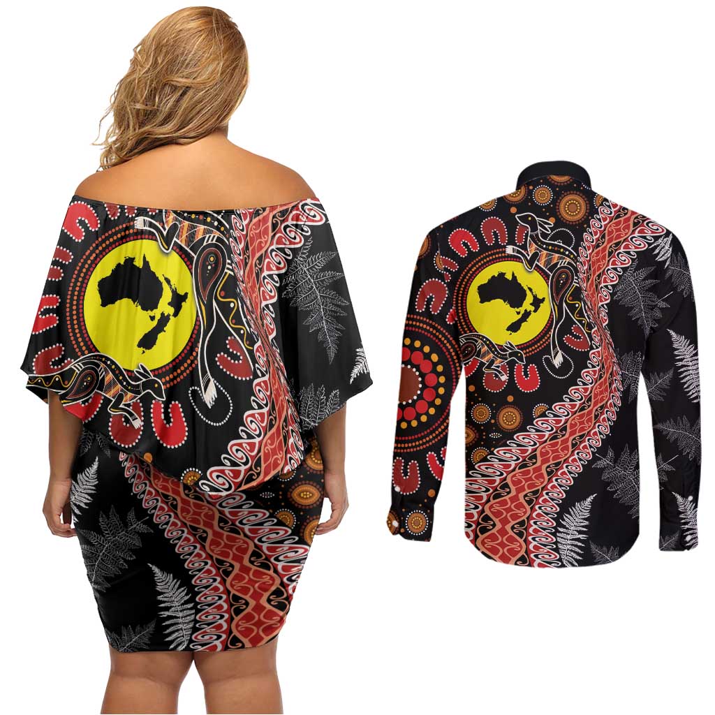 Aotearoa and Australia Couples Matching Off Shoulder Short Dress and Long Sleeve Button Shirt Maori Koru Ferns With Aboriginal Kangaroo