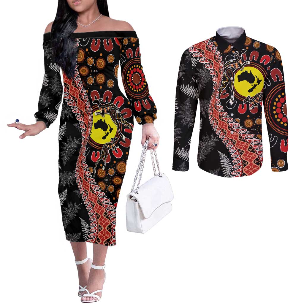 Aotearoa and Australia Couples Matching Off The Shoulder Long Sleeve Dress and Long Sleeve Button Shirt Maori Koru Ferns With Aboriginal Kangaroo