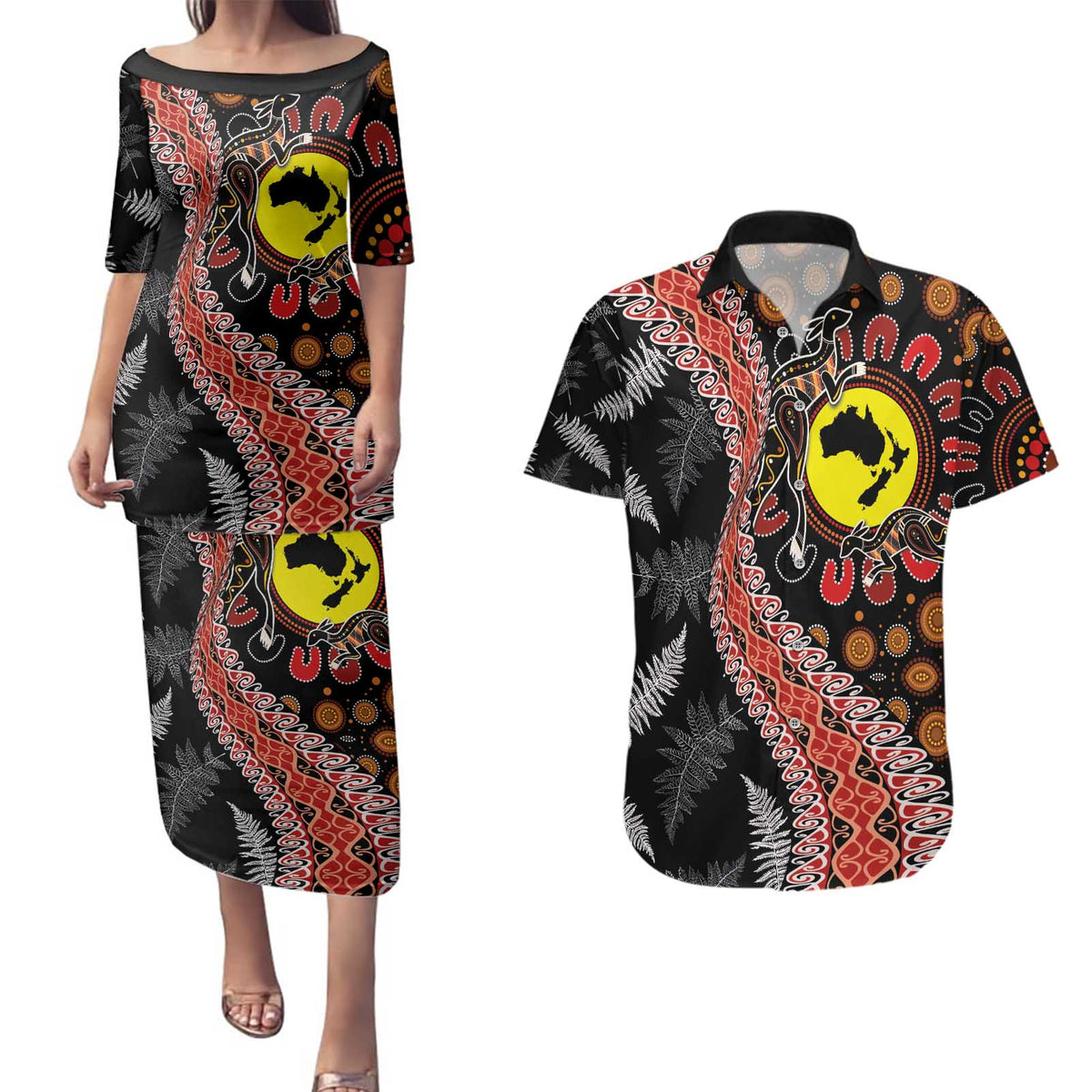 Aotearoa and Australia Couples Matching Puletasi and Hawaiian Shirt Maori Koru Ferns With Aboriginal Kangaroo