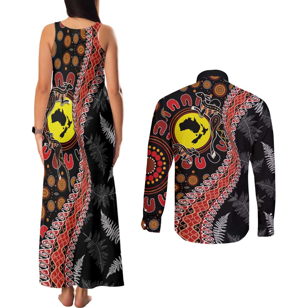 Aotearoa and Australia Couples Matching Tank Maxi Dress and Long Sleeve Button Shirt Maori Koru Ferns With Aboriginal Kangaroo