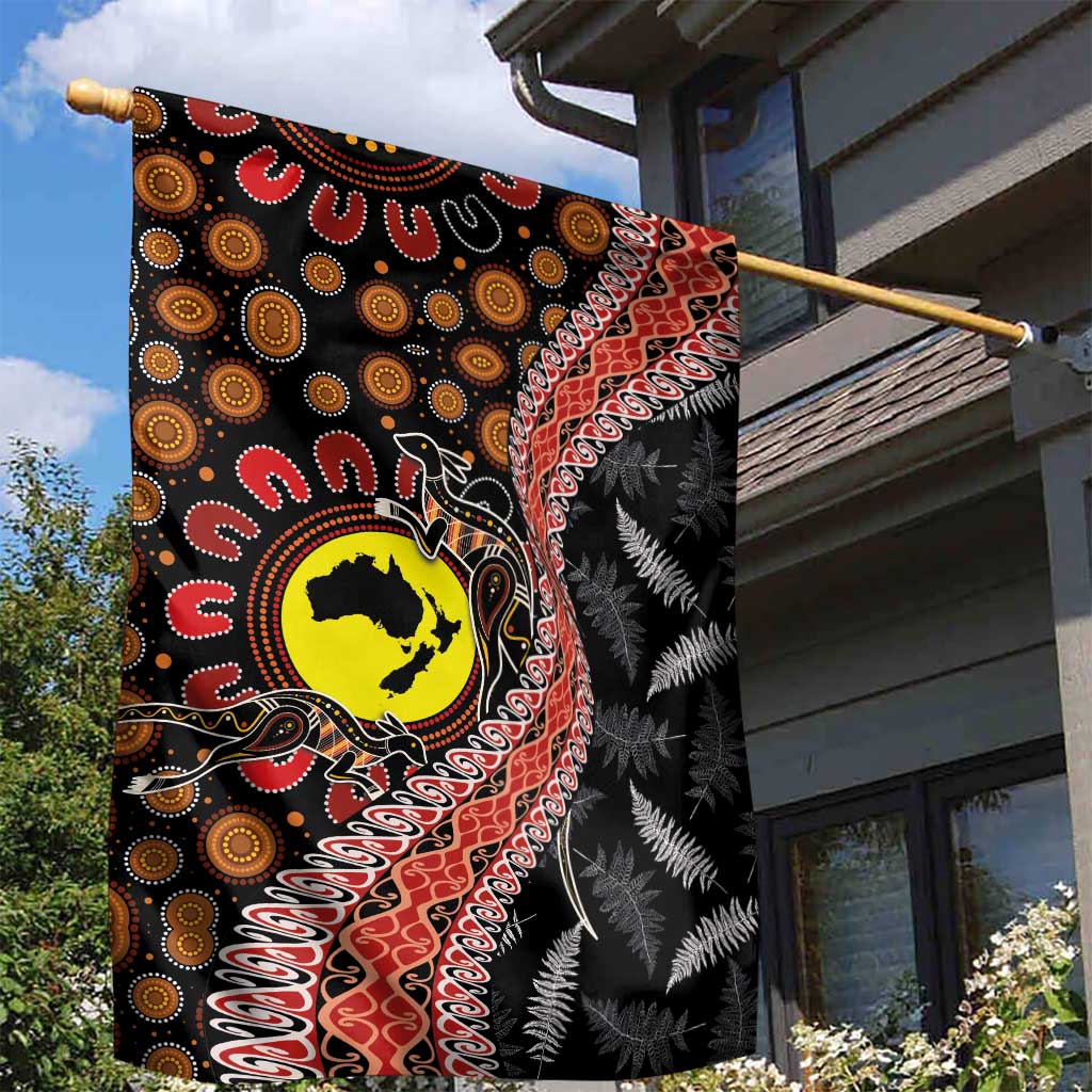 Aotearoa and Australia Garden Flag Maori Koru Ferns With Aboriginal Kangaroo