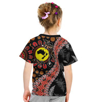 Aotearoa and Australia Kid T Shirt Maori Koru Ferns With Aboriginal Kangaroo