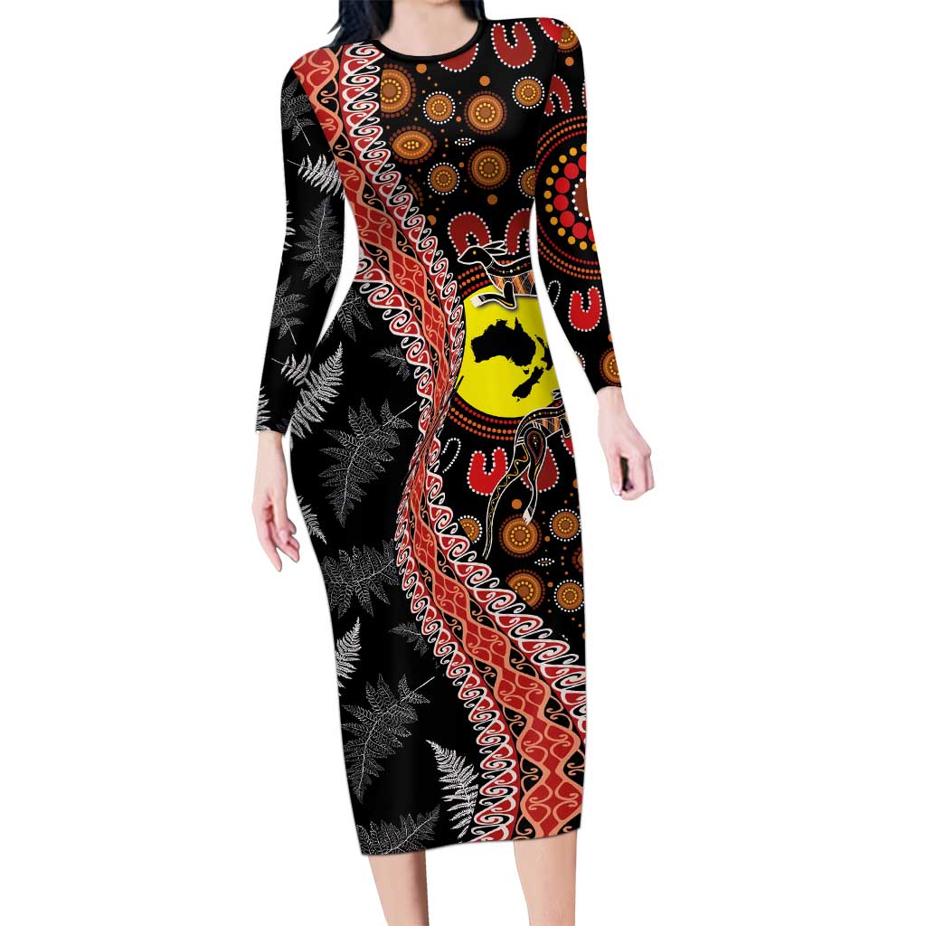 Aotearoa and Australia Long Sleeve Bodycon Dress Maori Koru Ferns With Aboriginal Kangaroo LT03 Long Dress Black - Polynesian Pride