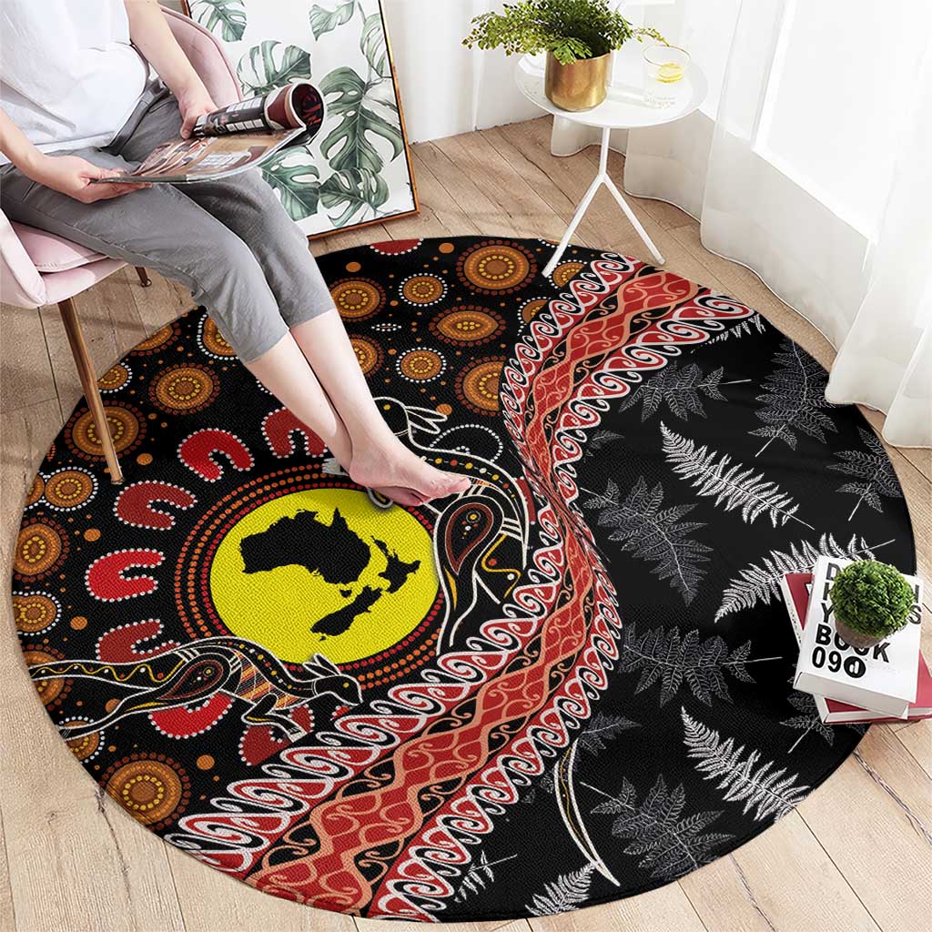 Aotearoa and Australia Round Carpet Maori Koru Ferns With Aboriginal Kangaroo LT03 - Polynesian Pride