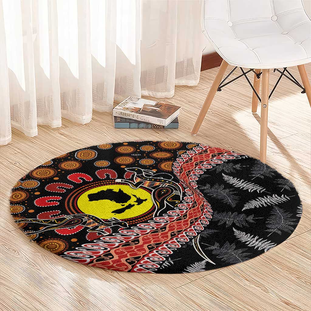 Aotearoa and Australia Round Carpet Maori Koru Ferns With Aboriginal Kangaroo LT03 - Polynesian Pride