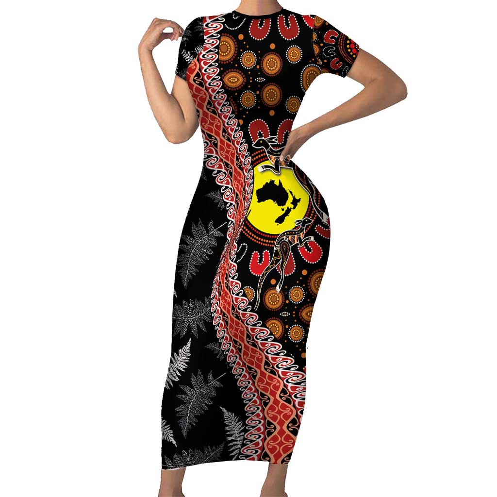 Aotearoa and Australia Short Sleeve Bodycon Dress Maori Koru Ferns With Aboriginal Kangaroo LT03 Long Dress Black - Polynesian Pride