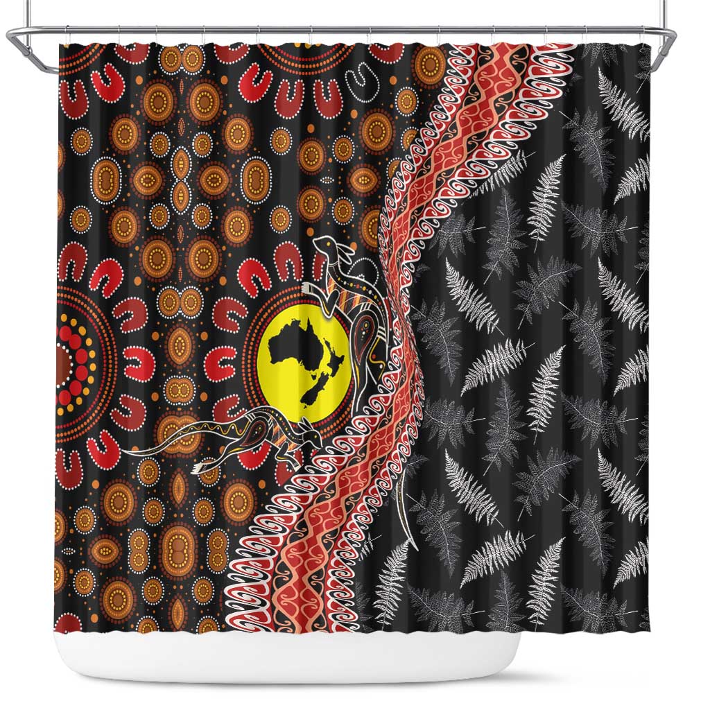 Aotearoa and Australia Shower Curtain Maori Koru Ferns With Aboriginal Kangaroo LT03 Black - Polynesian Pride