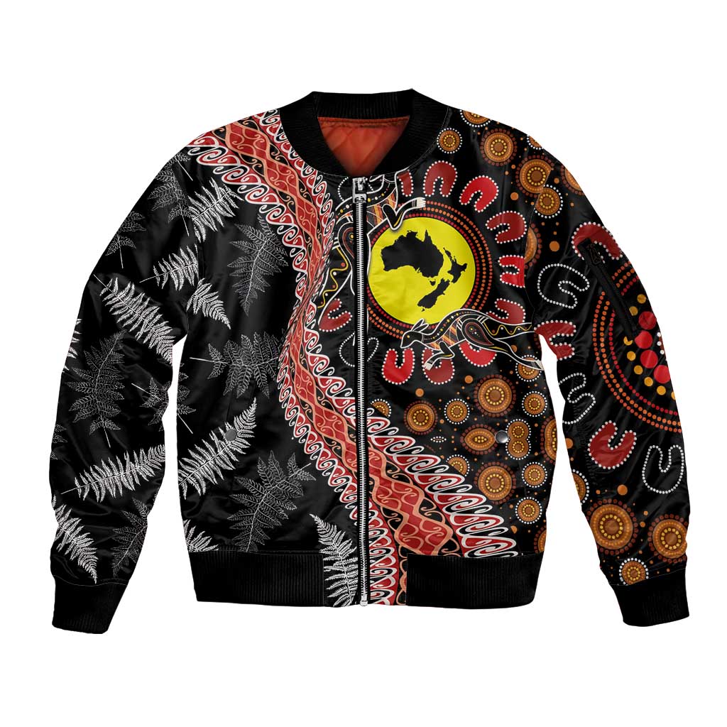 Aotearoa and Australia Sleeve Zip Bomber Jacket Maori Koru Ferns With Aboriginal Kangaroo LT03 Unisex Black - Polynesian Pride