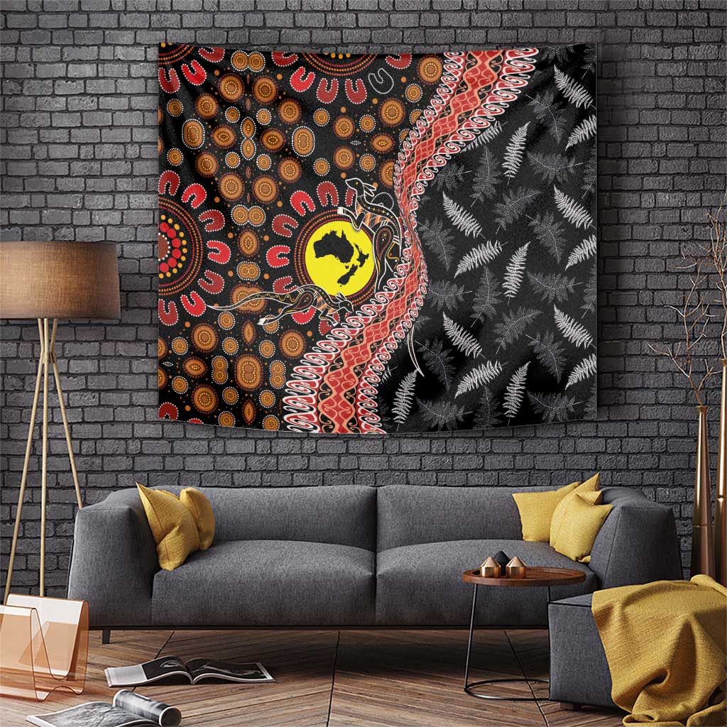 Aotearoa and Australia Tapestry Maori Koru Ferns With Aboriginal Kangaroo LT03 Black - Polynesian Pride