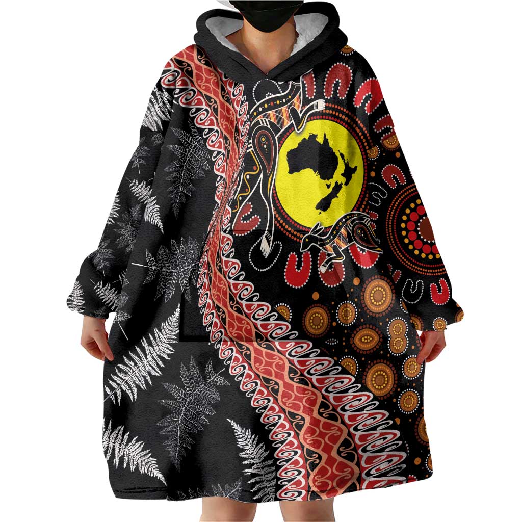 Aotearoa and Australia Wearable Blanket Hoodie Maori Koru Ferns With Aboriginal Kangaroo