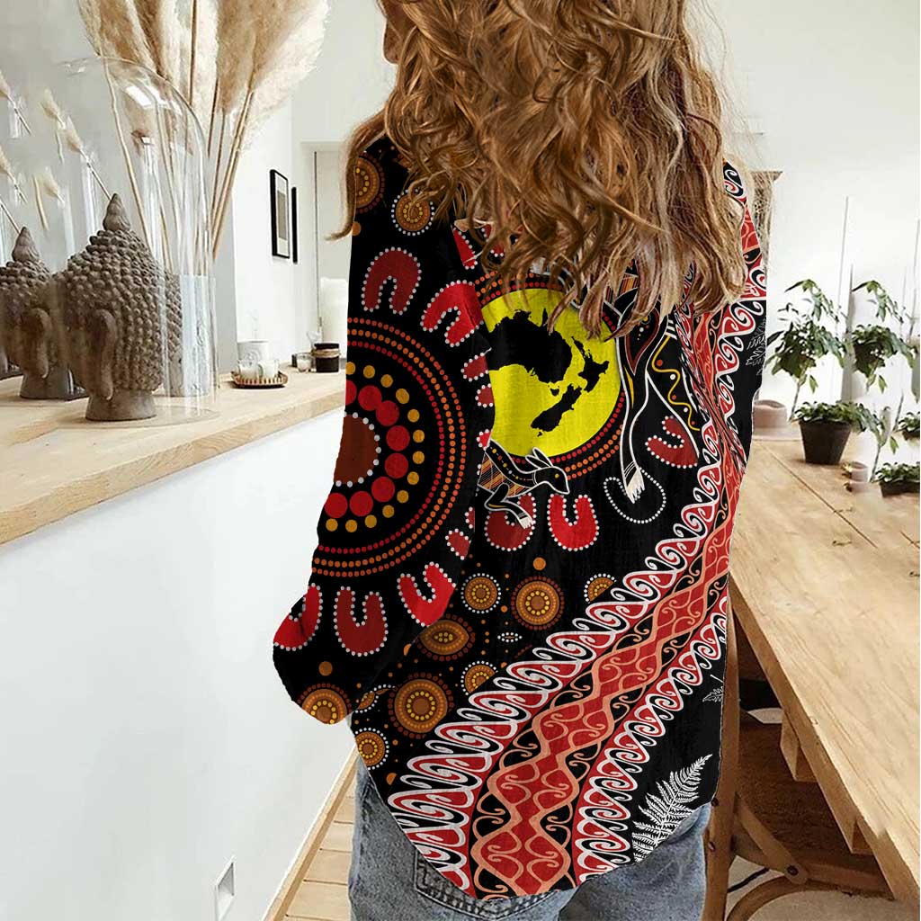Aotearoa and Australia Women Casual Shirt Maori Koru Ferns With Aboriginal Kangaroo