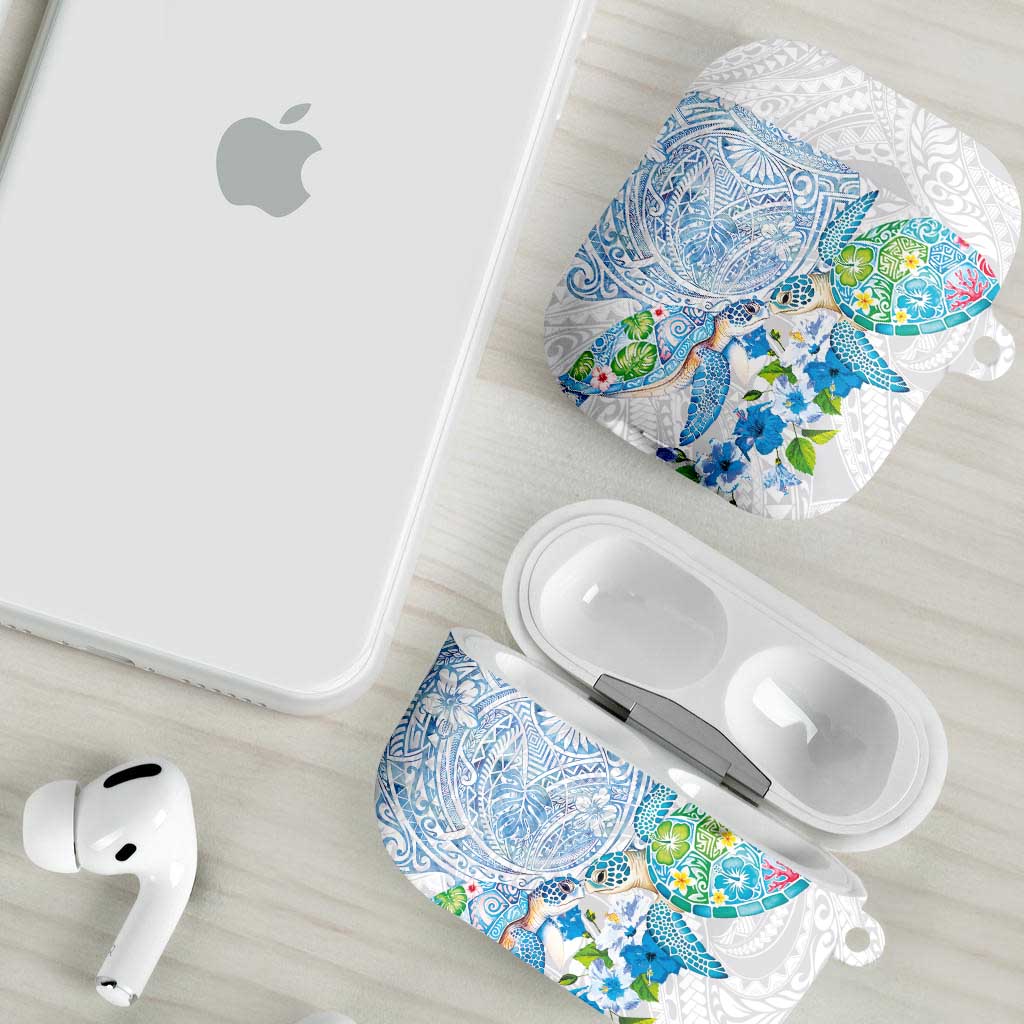 Hawaiian Couple Turtles Honi AirPods Case Polynesian Art Motifs and Hibiscus White Blue Color - Polynesian Pride