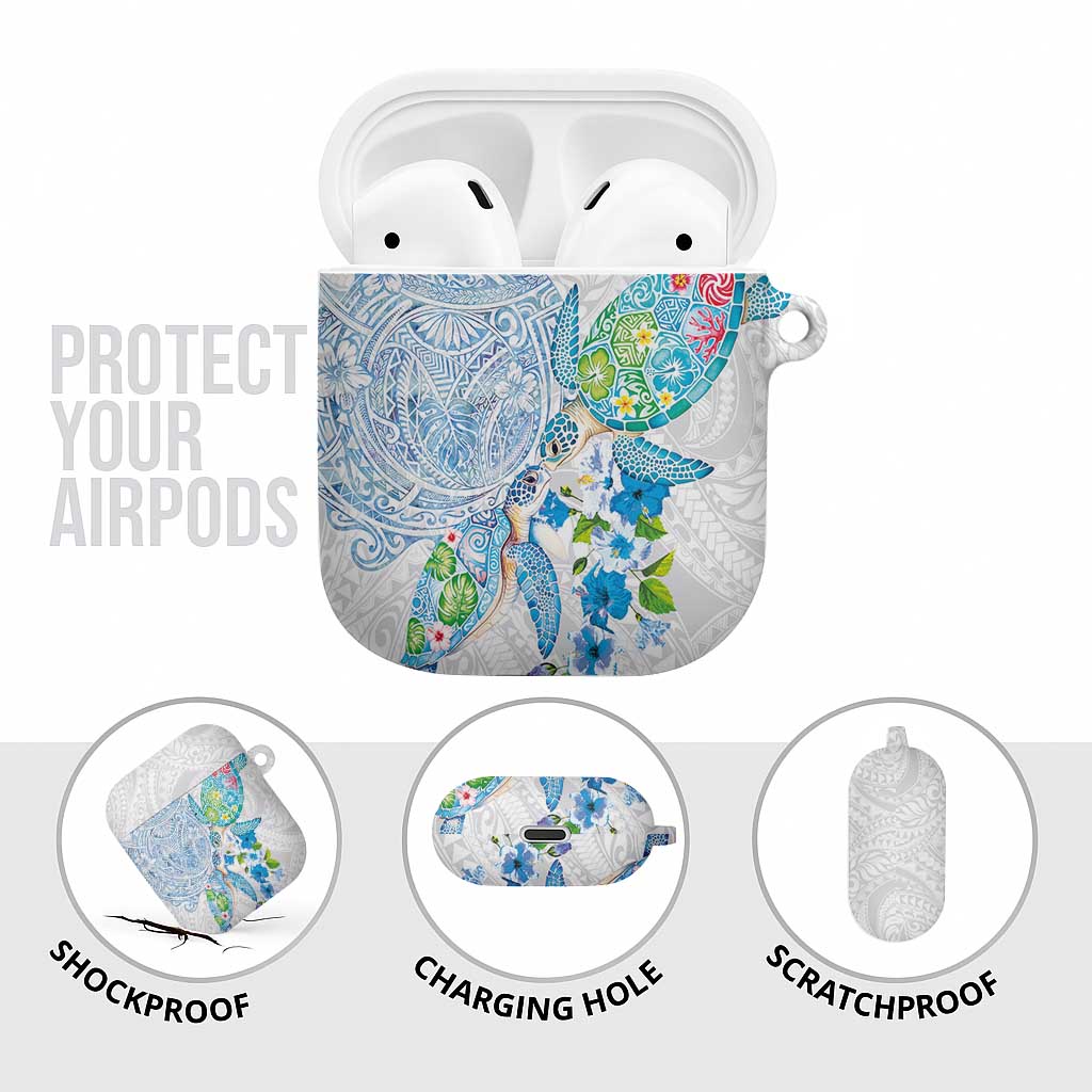 Hawaiian Couple Turtles Honi AirPods Case Polynesian Art Motifs and Hibiscus White Blue Color - Polynesian Pride