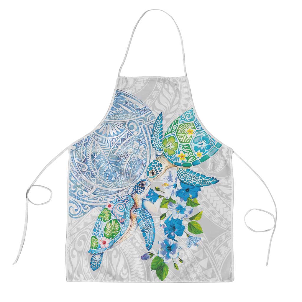 Hawaiian Couple Turtles Honi Apron Polynesian Art Motifs and Hibiscus White Blue Color - Polynesian Pride