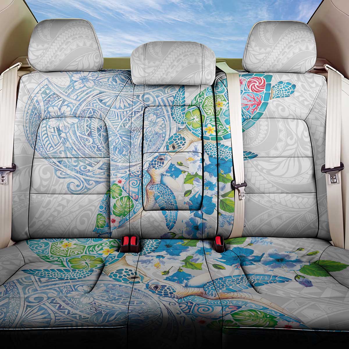 Hawaiian Couple Turtles Honi Back Car Seat Cover Polynesian Art Motifs and Hibiscus White Blue Color - Polynesian Pride