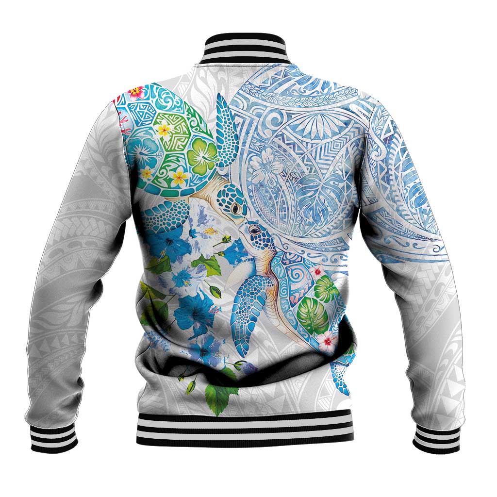 Hawaiian Couple Turtles Honi Baseball Jacket Polynesian Art Motifs and Hibiscus White Blue Color - Polynesian Pride