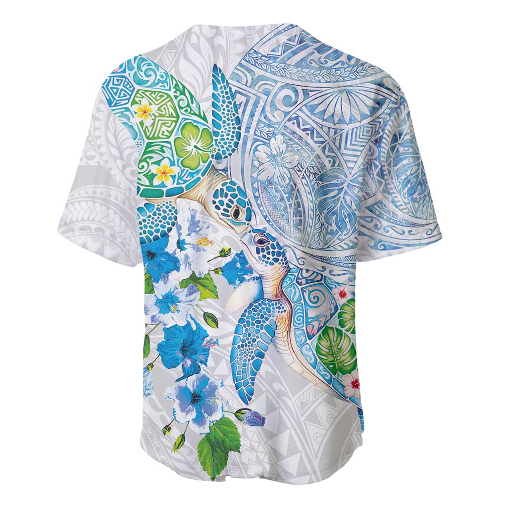 Hawaiian Couple Turtles Honi Baseball Jersey Polynesian Art Motifs and Hibiscus White Blue Color - Polynesian Pride